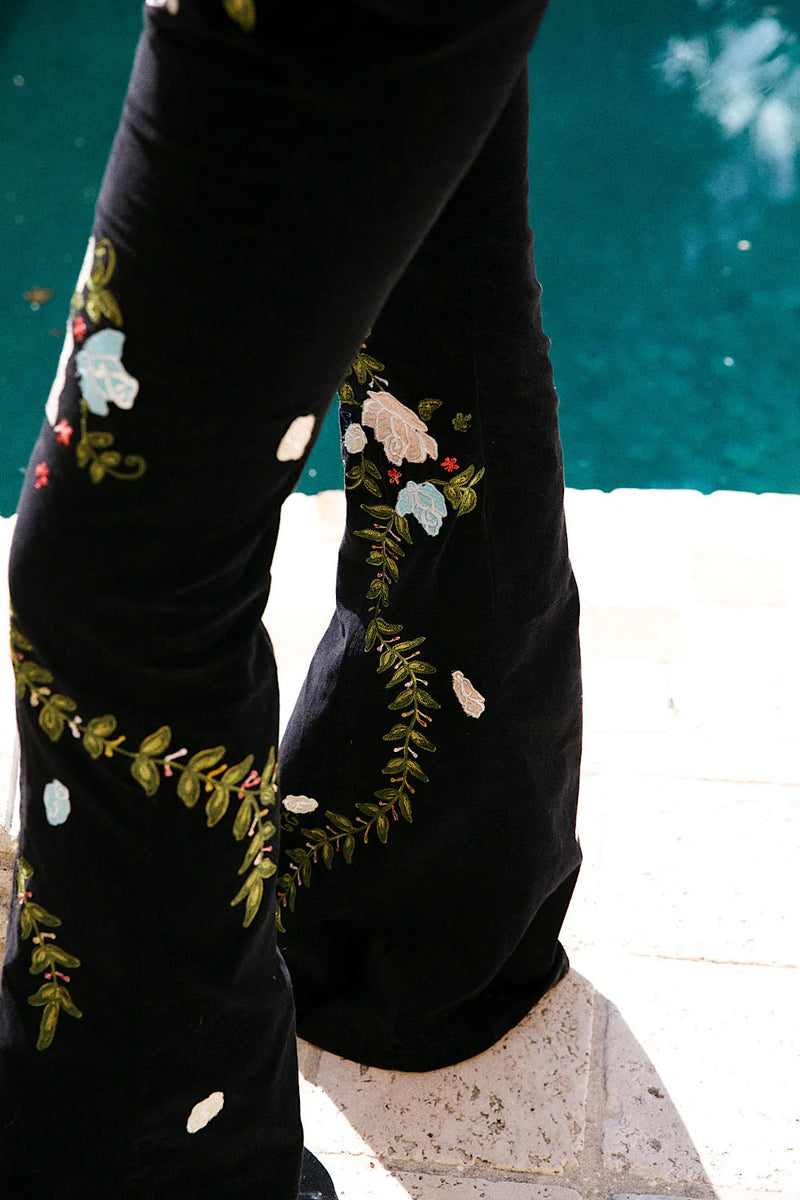 Burn It Down Velvet + Appliqué Embroidered Flares - Chasing Unicorns