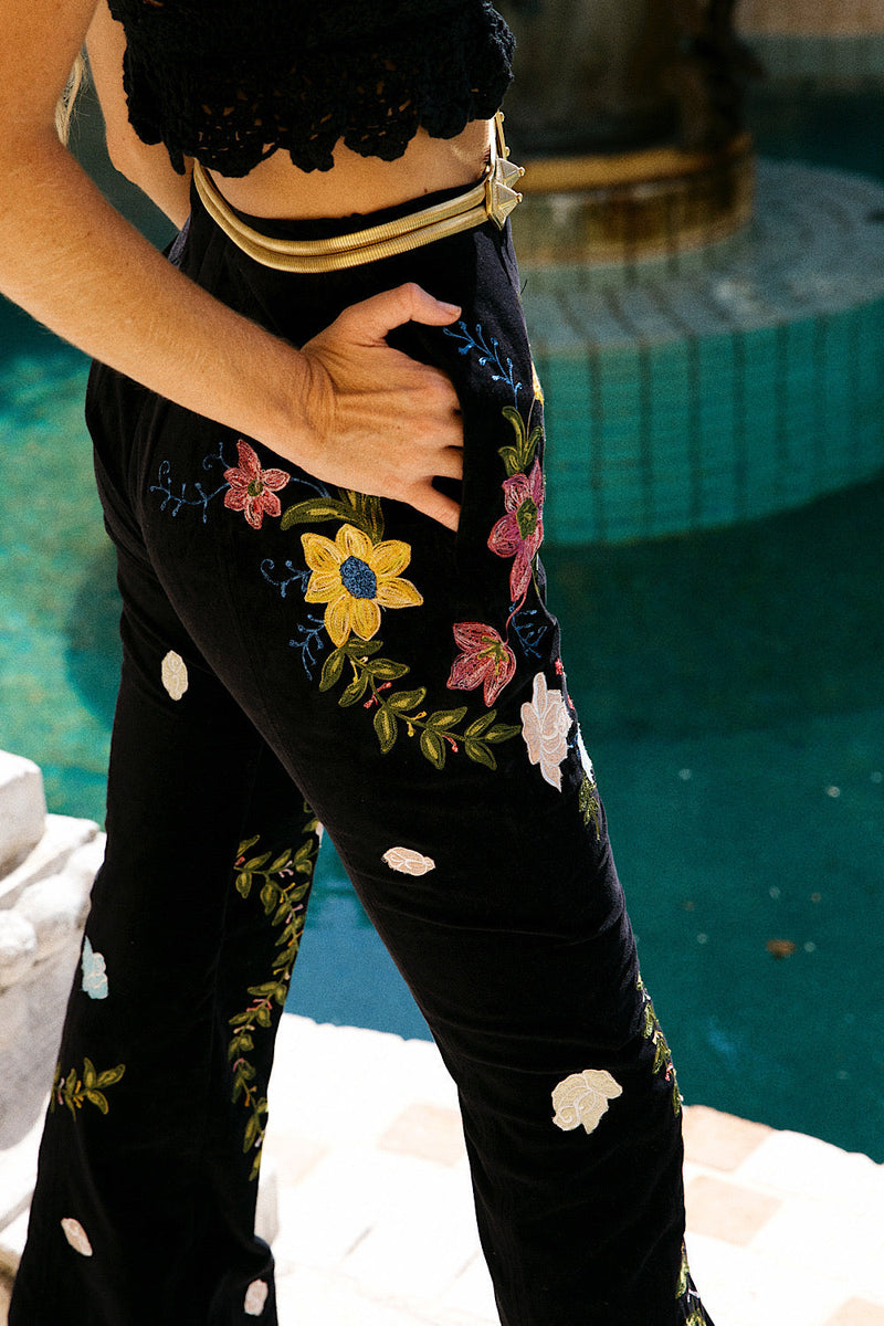 Burn It Down Velvet + Appliqué Embroidered Flares - Chasing Unicorns