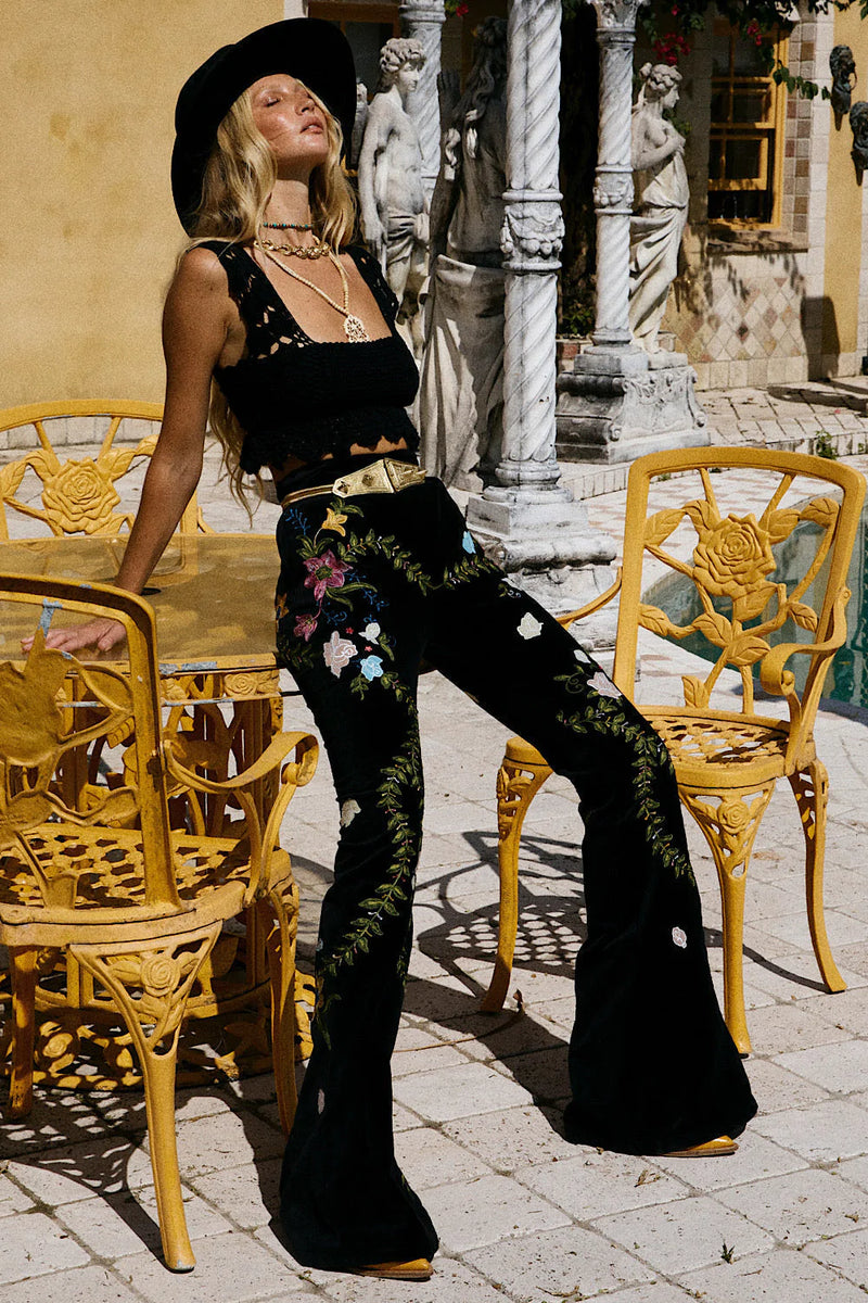 Burn It Down Velvet + Appliqué Embroidered Flares - Chasing Unicorns