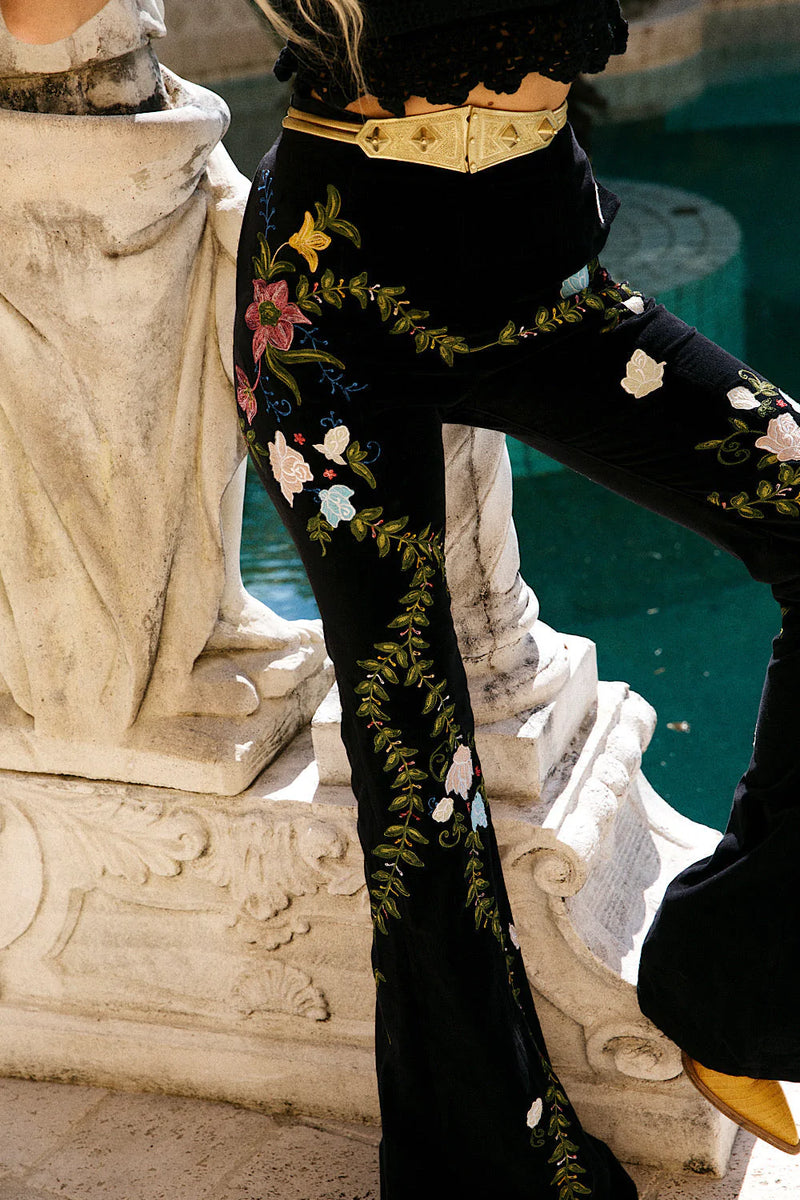 Burn It Down Velvet + Appliqué Embroidered Flares - Chasing Unicorns