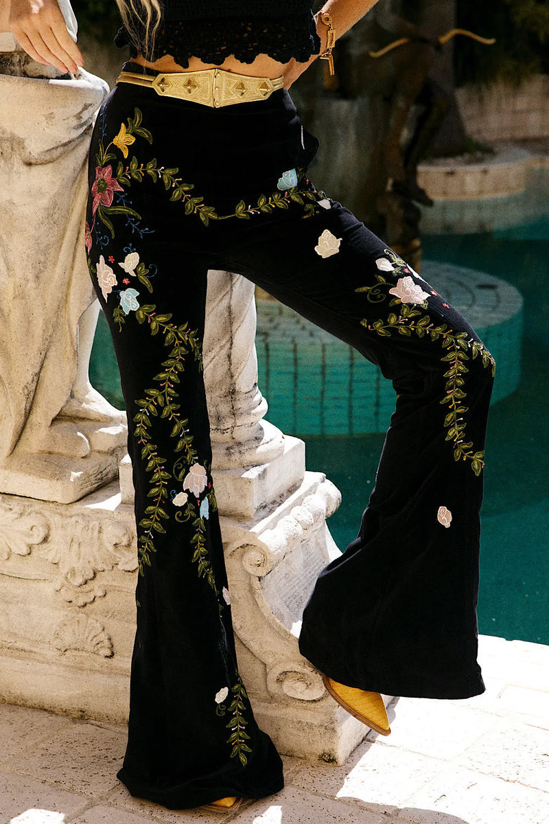 Burn It Down Velvet + Appliqué Embroidered Flares - Chasing Unicorns