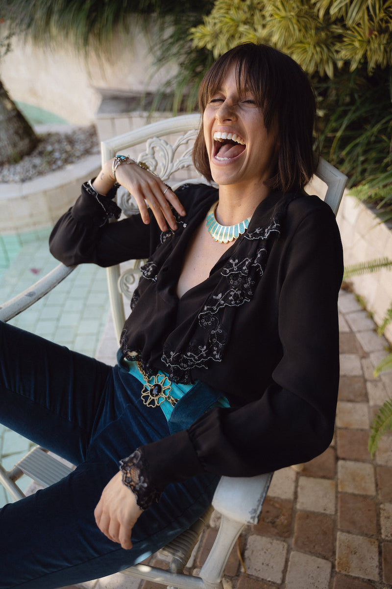 Busy Being Fabulous Silk, Lace + Beaded Blouse - Black - Chasing Unicorns