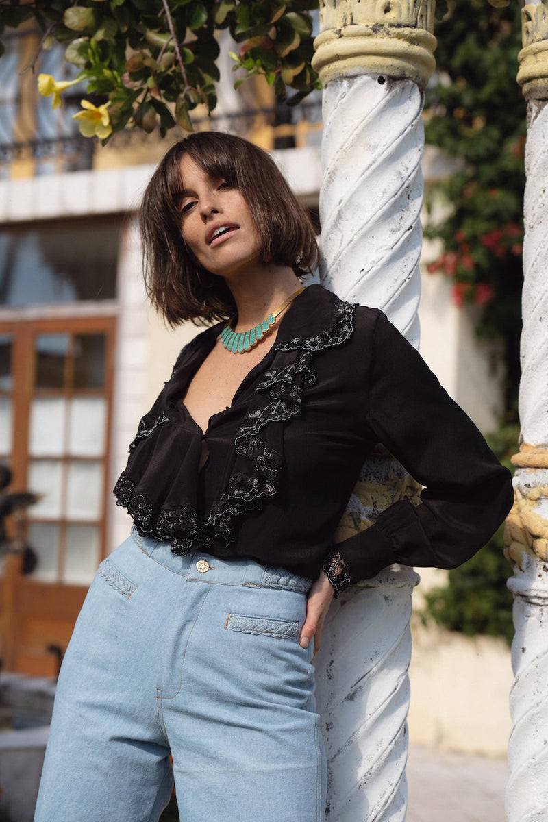 Busy Being Fabulous Silk, Lace + Beaded Blouse - Black - Chasing Unicorns