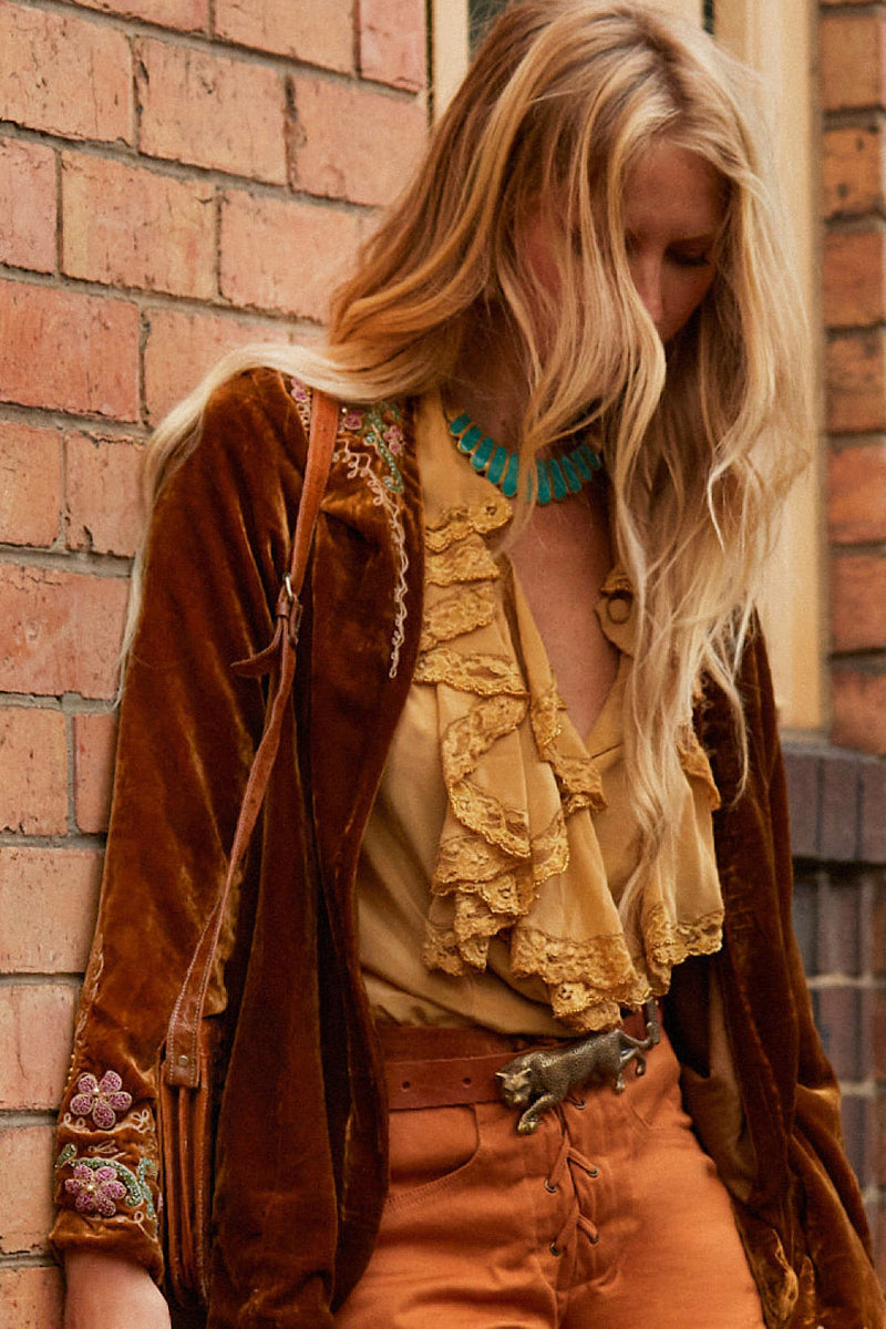 Busy Being Fabulous Silk, Lace + Beaded Blouse - Caramel - Chasing Unicorns