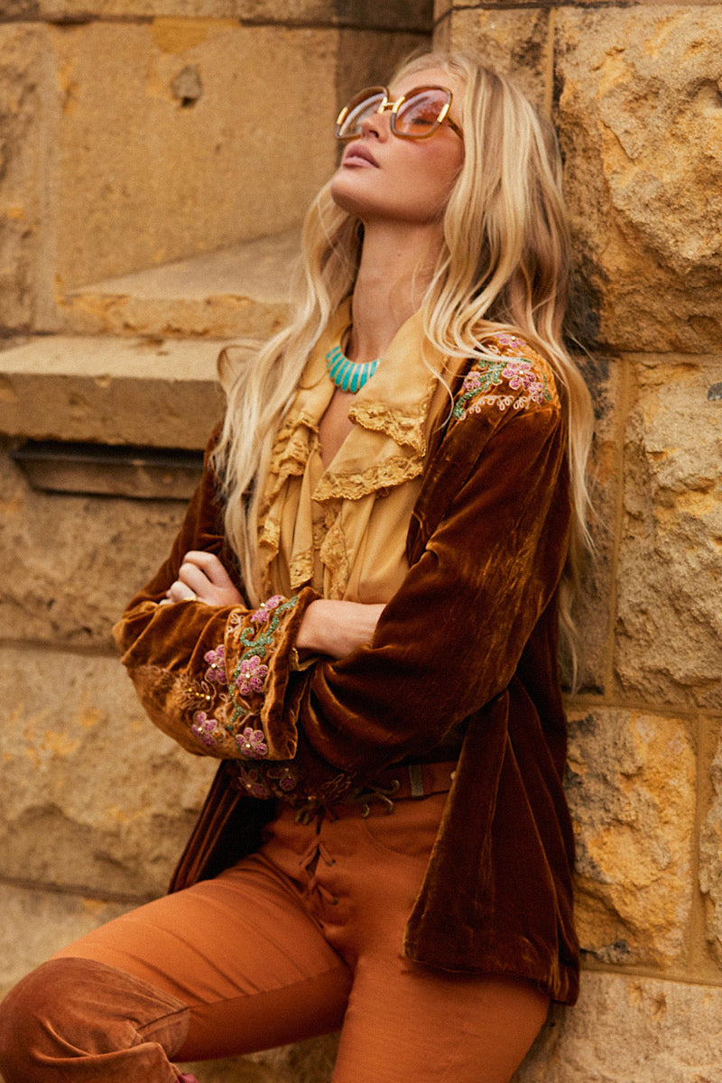 Busy Being Fabulous Silk, Lace + Beaded Blouse - Caramel - Chasing Unicorns