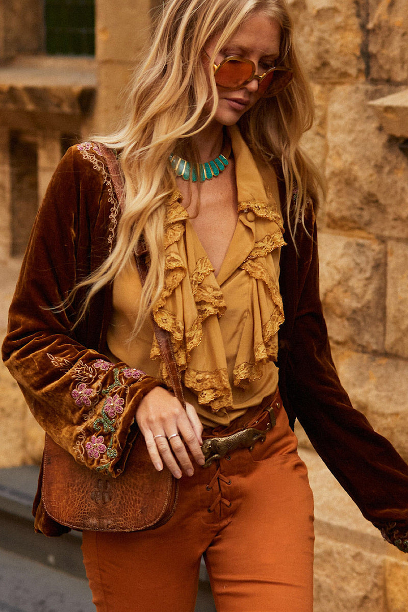 Busy Being Fabulous Silk, Lace + Beaded Blouse - Caramel - Chasing Unicorns