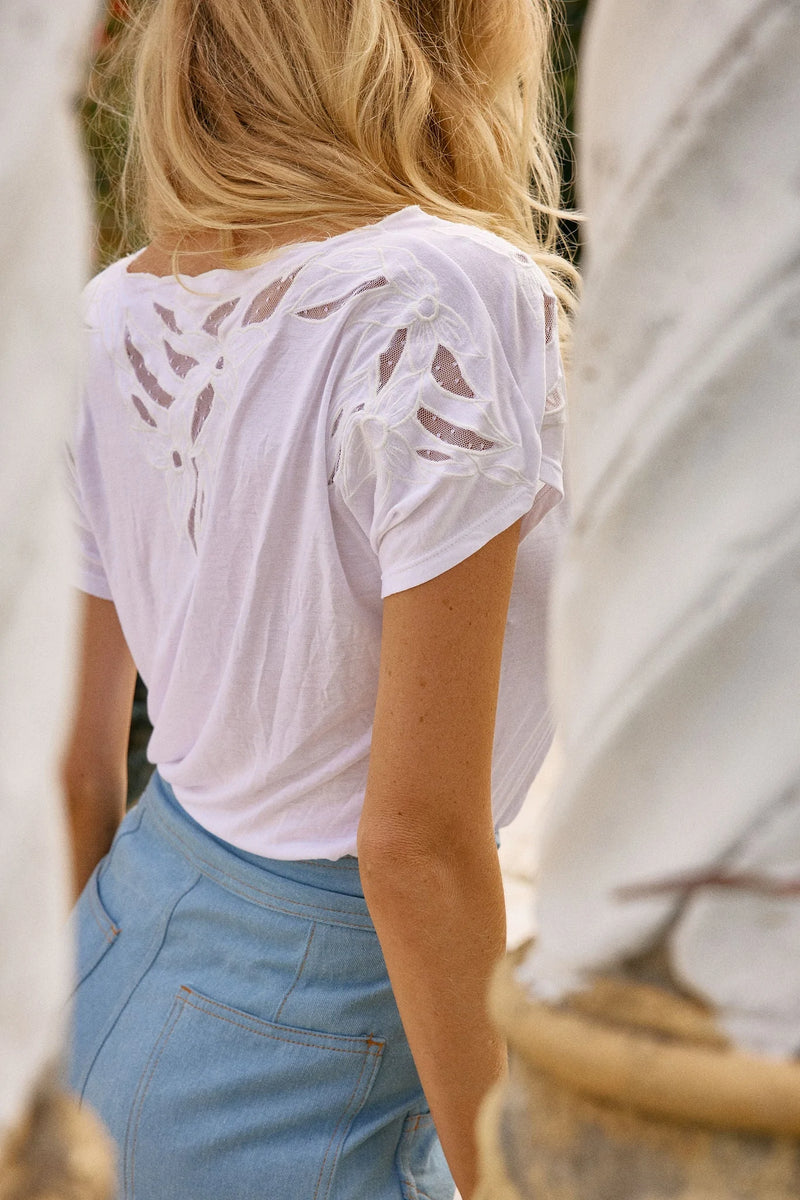 By Your Side Bamboo Jersey And cutwork Tshirt - White - Chasing Unicorns