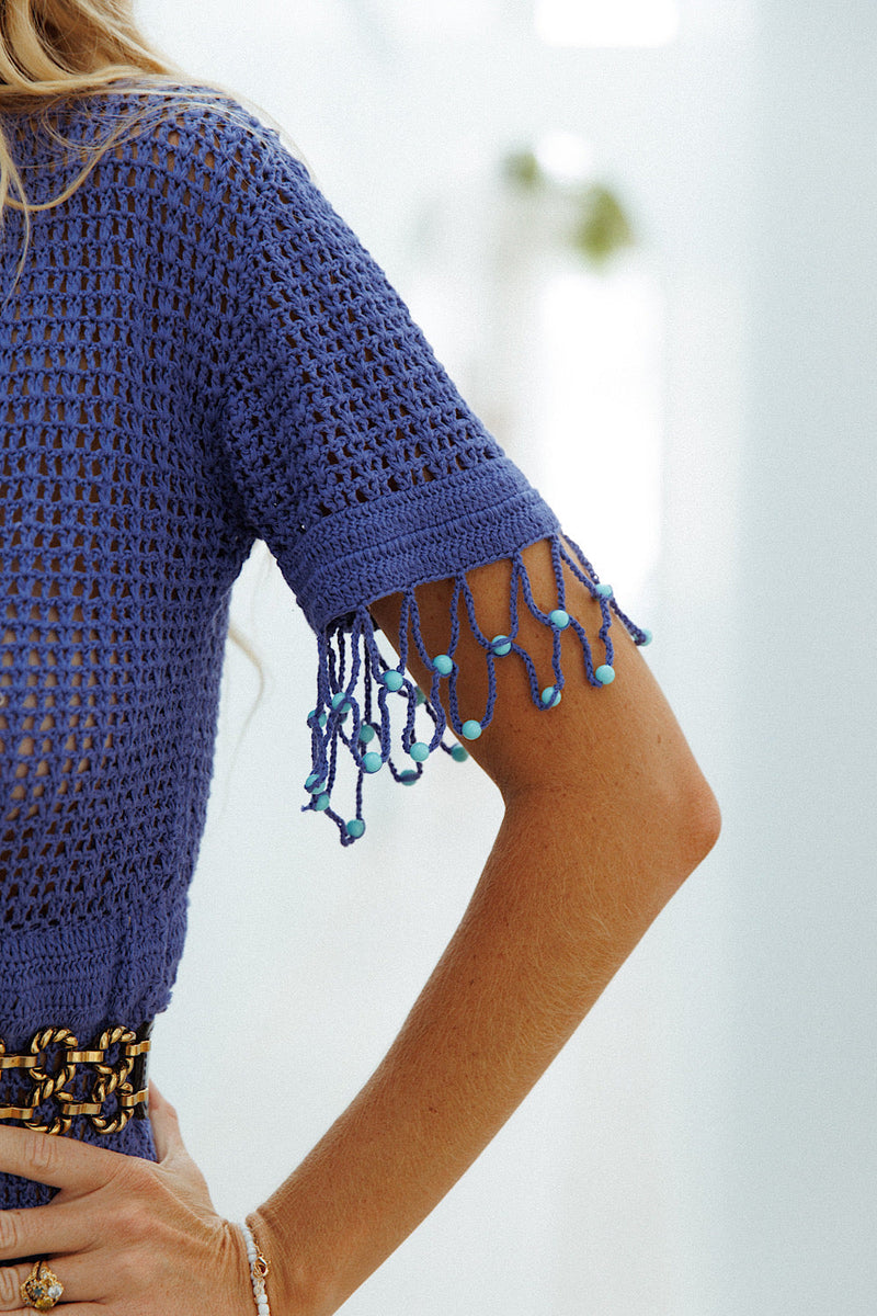 California Blue Crochet + Beaded Mini Dress - Chasing Unicorns