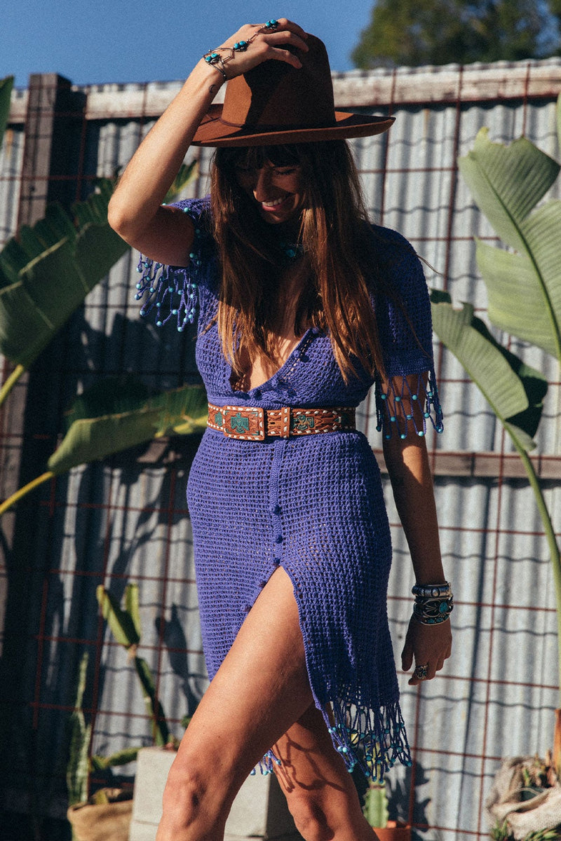 California Blue Crochet + Beaded Mini Dress - Chasing Unicorns