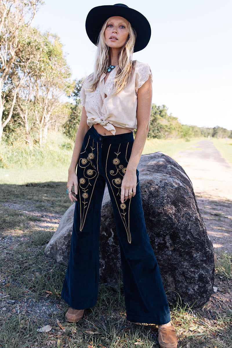 Catch A Falling Star Velvet Flares - Navy - Chasing Unicorns