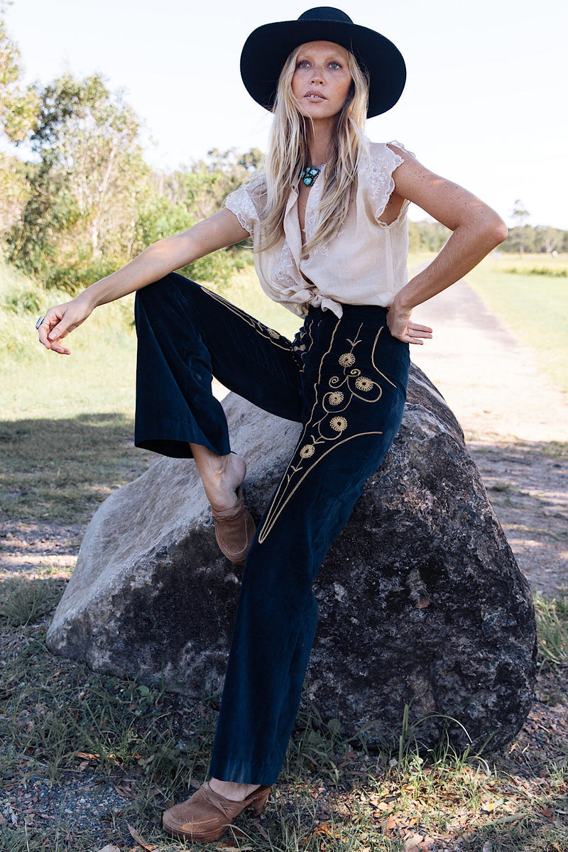 Catch A Falling Star Velvet Flares - Navy - Chasing Unicorns