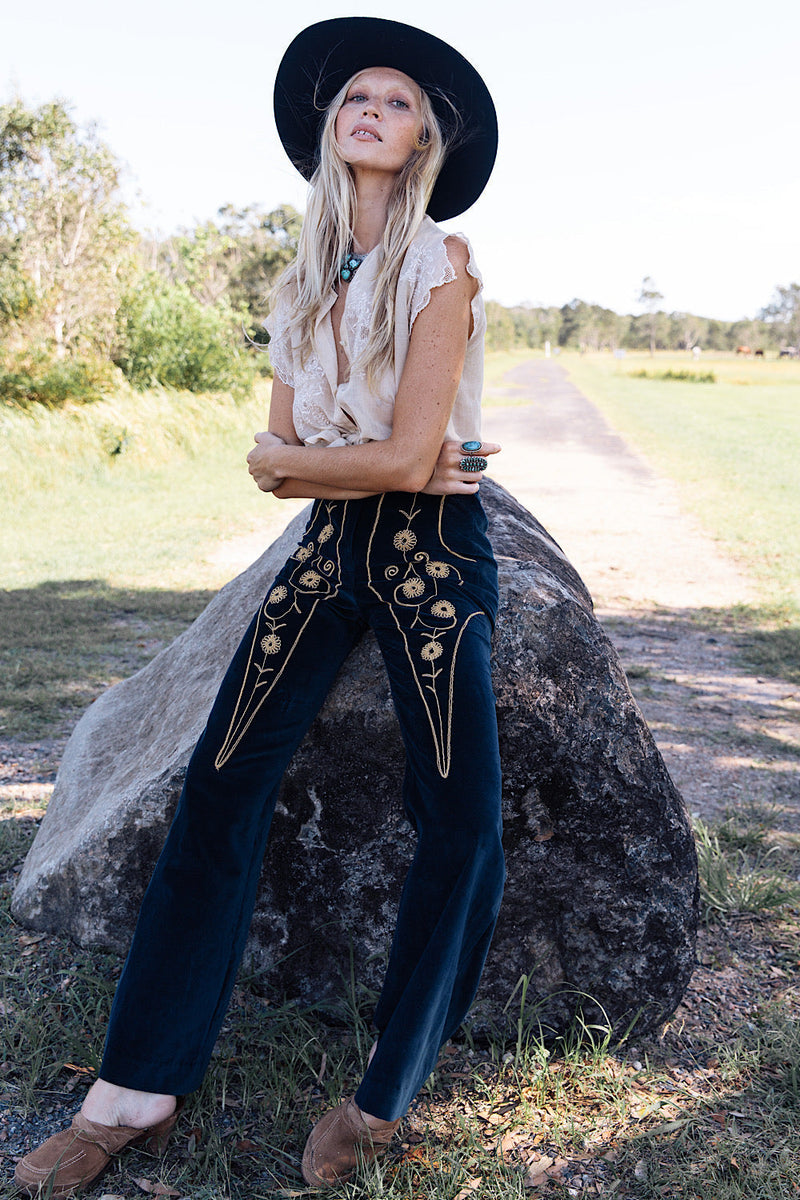 Catch A Falling Star Velvet Flares - Navy - Chasing Unicorns