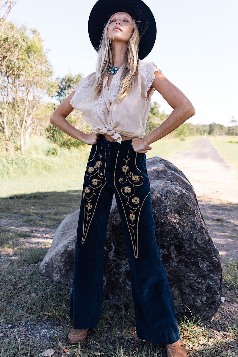 Catch A Falling Star Velvet Flares - Navy - Chasing Unicorns