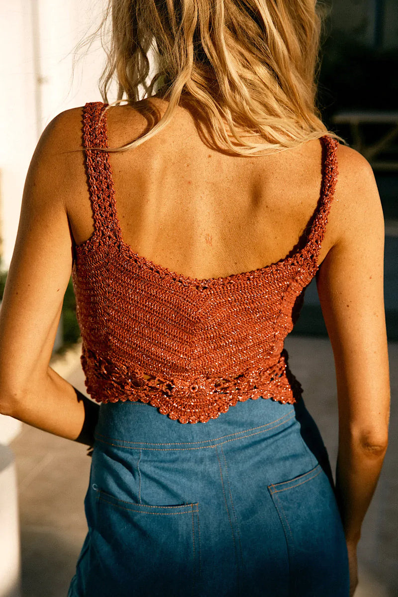 Cats In The Cradle Crochet Lurex Camisole - Terracotta - Chasing Unicorns