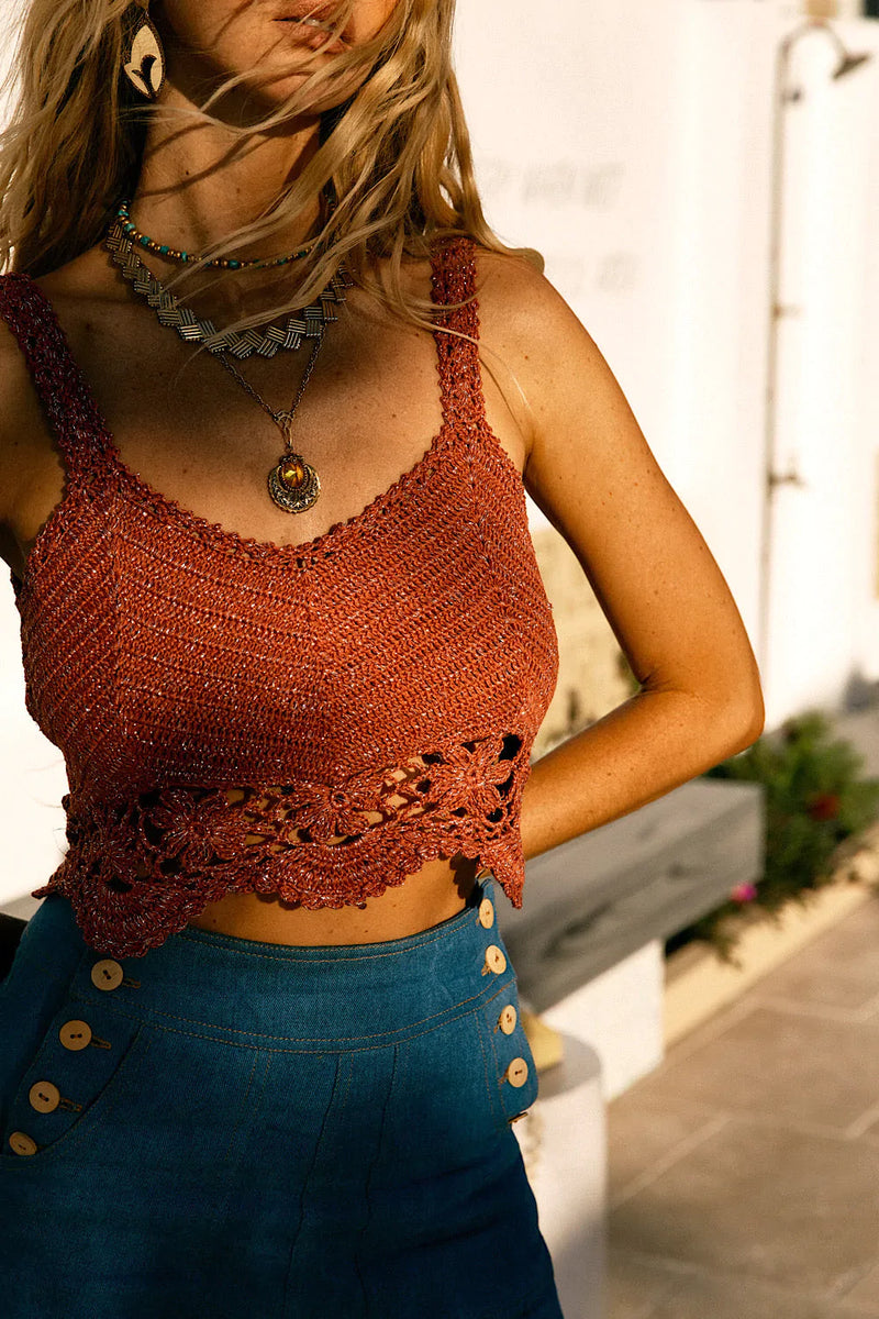 Cats In The Cradle Crochet Lurex Camisole - Terracotta - Chasing Unicorns