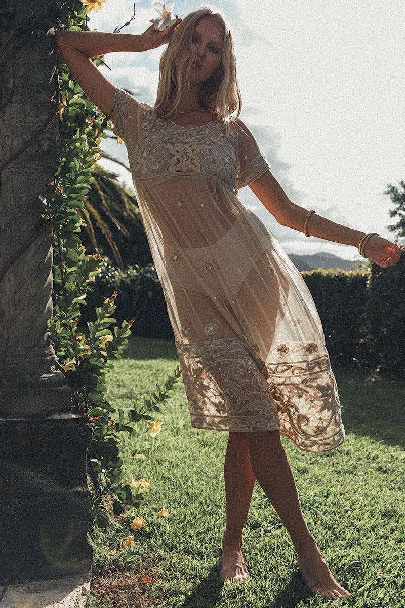 Cloudy Day Embroidered + Beaded Midi Dress - Chasing Unicorns