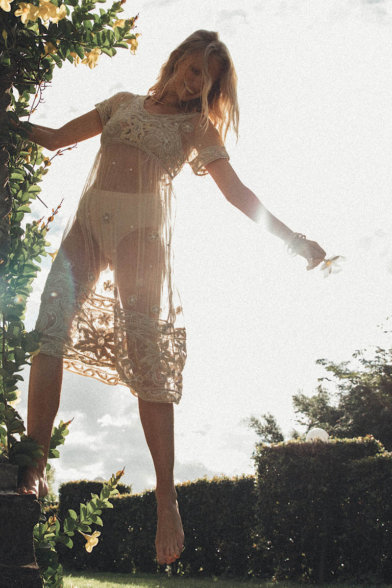 Cloudy Day Embroidered + Beaded Midi Dress - Chasing Unicorns