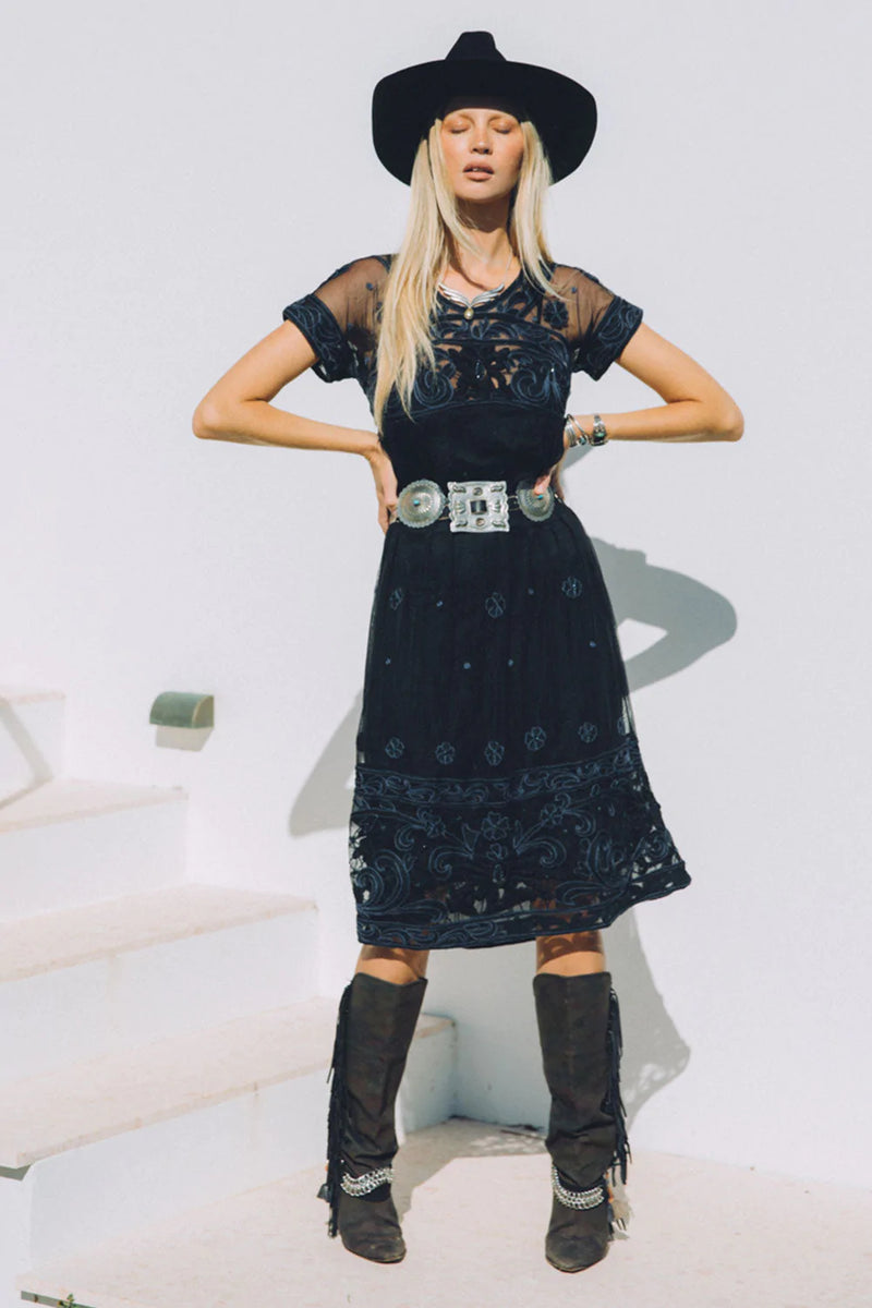 Cloudy Day Embroidered + Beaded Midi Dress - Noir - Chasing Unicorns