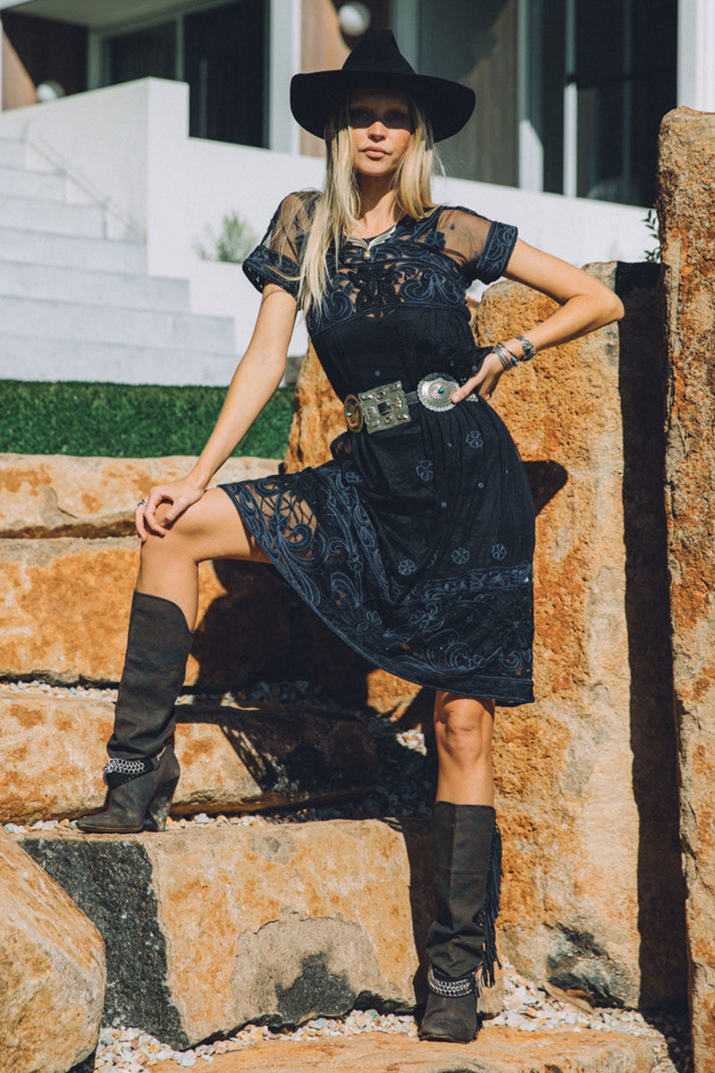 Cloudy Day Embroidered + Beaded Midi Dress - Noir - Chasing Unicorns