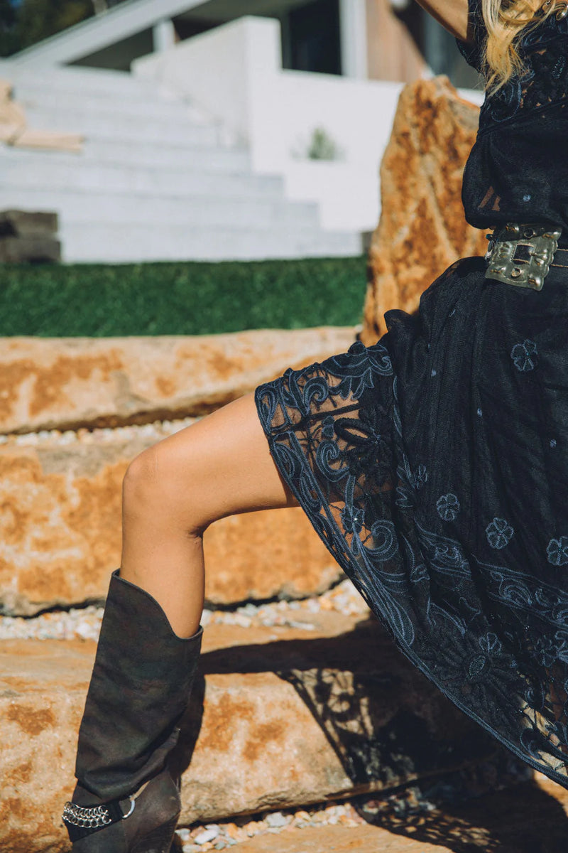 Cloudy Day Embroidered + Beaded Midi Dress - Noir - Chasing Unicorns