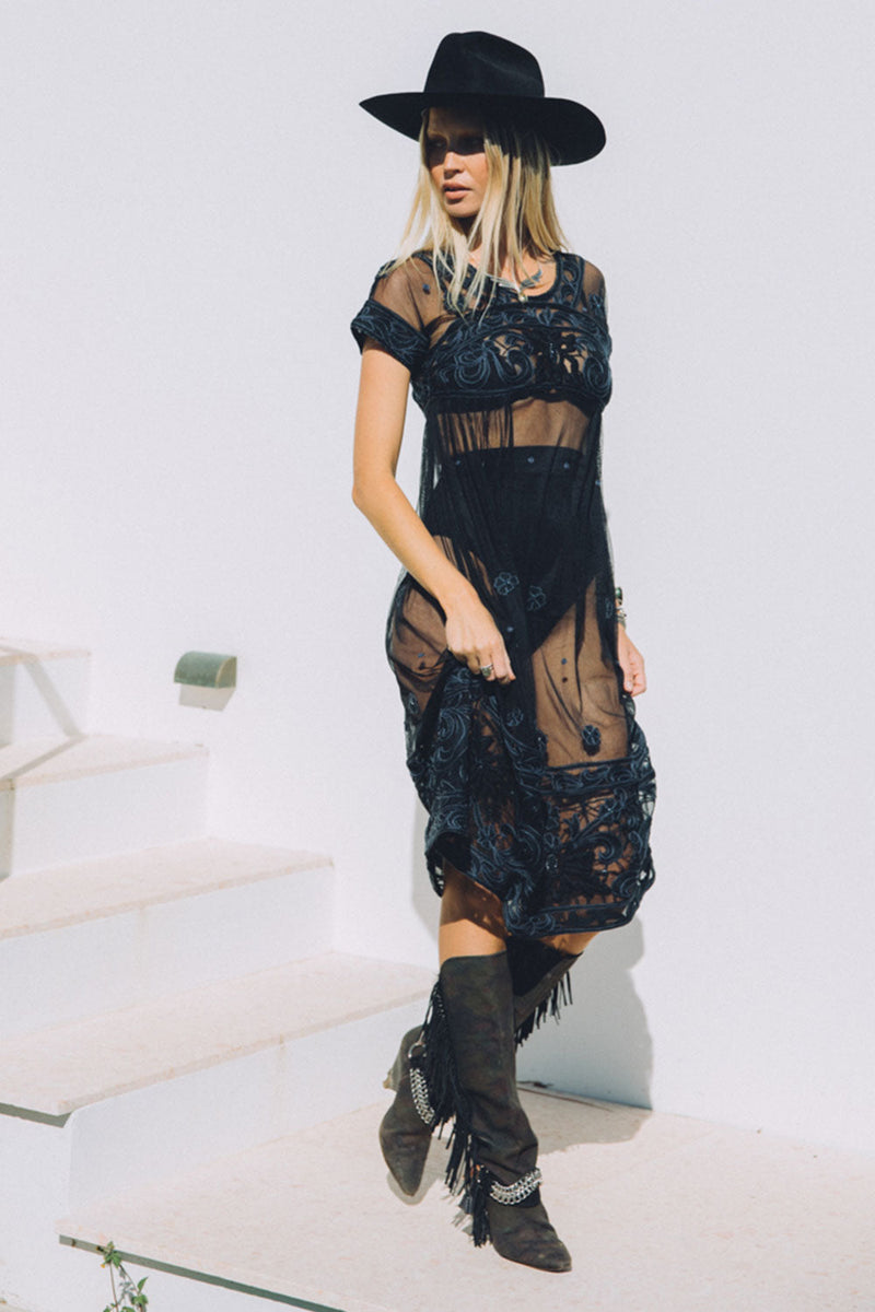 Cloudy Day Embroidered + Beaded Midi Dress - Noir - Chasing Unicorns