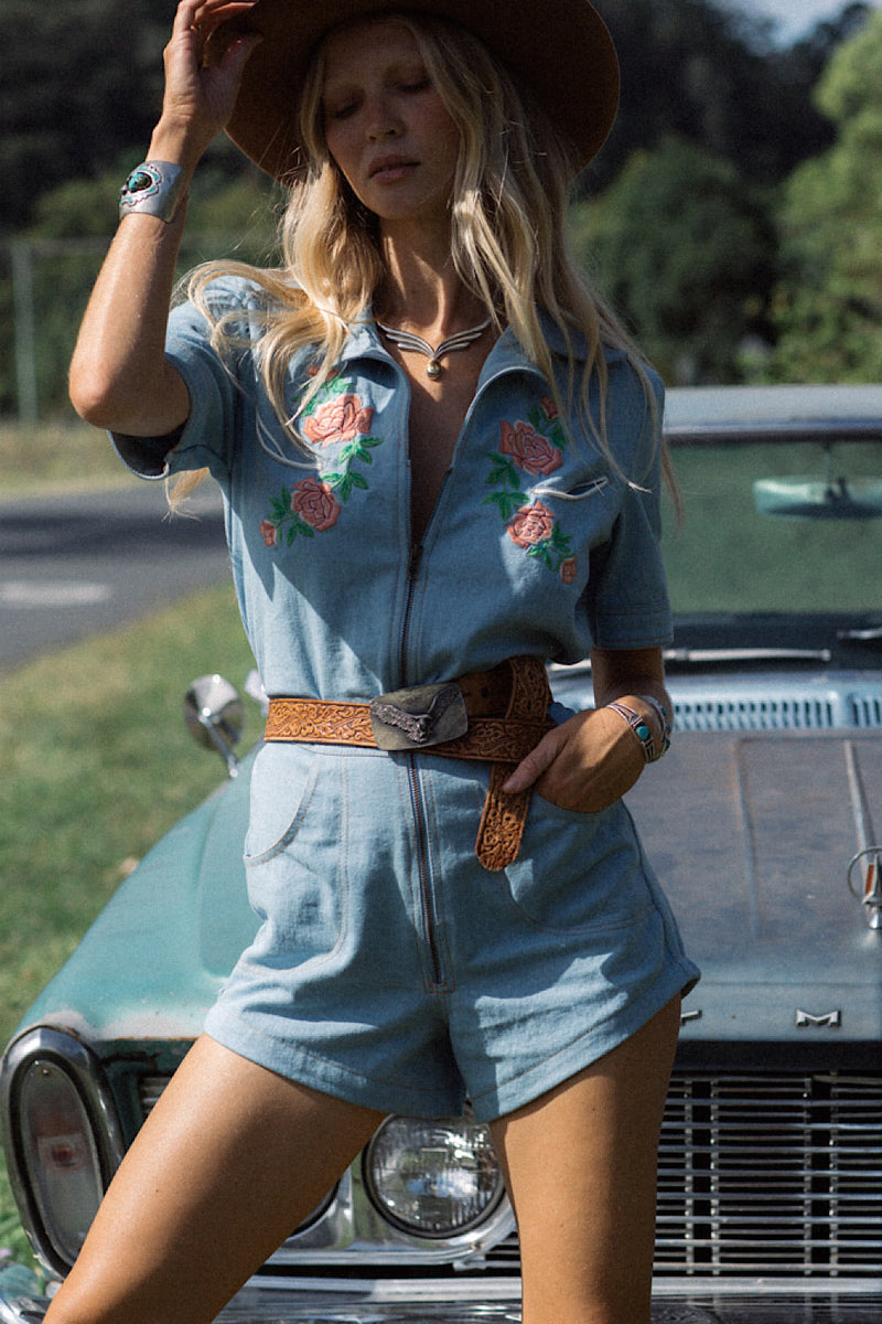Colorado Girl Denim And Embroidered Short Boiler Suit - Chasing Unicorns