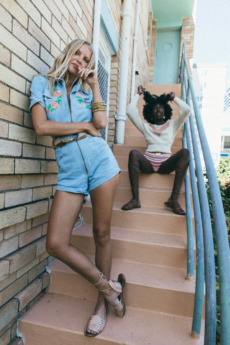 Colorado Girl Denim And Embroidered Short Boiler Suit - Chasing Unicorns