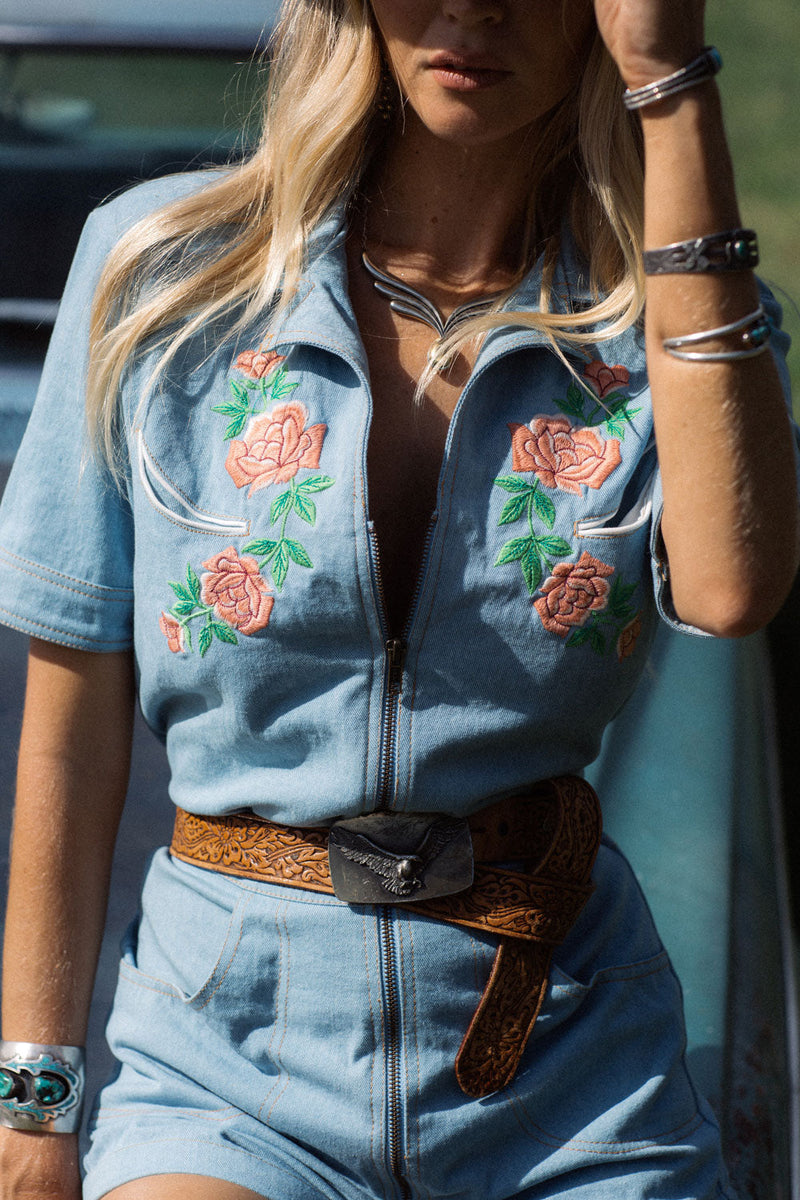 Colorado Girl Denim And Embroidered Short Boiler Suit - Chasing Unicorns