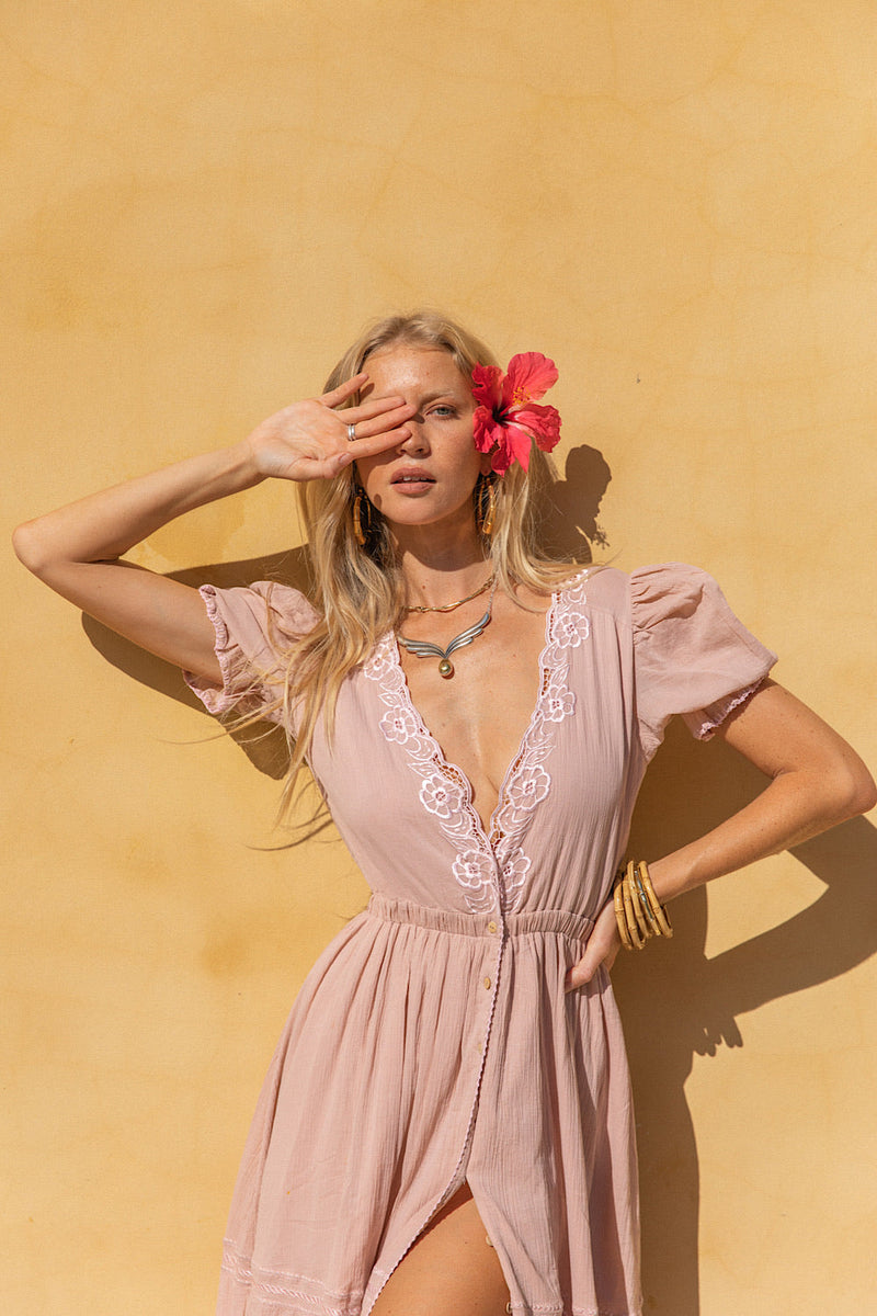 Come Together Cutwork Embroidered Maxi Dress - Dusty Rose - Chasing Unicorns