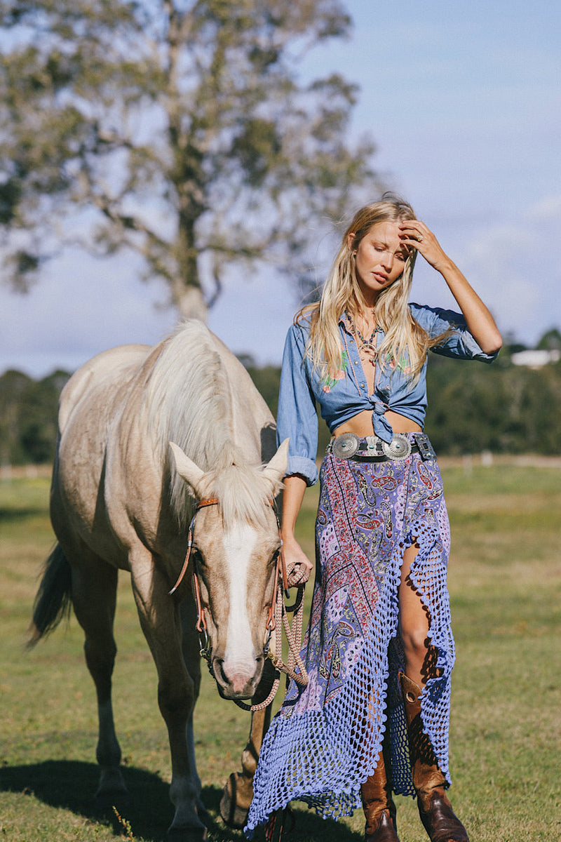 Crazy On You Crochet Ruffle Maxi Skirt - Azul Paisley - Chasing Unicorns