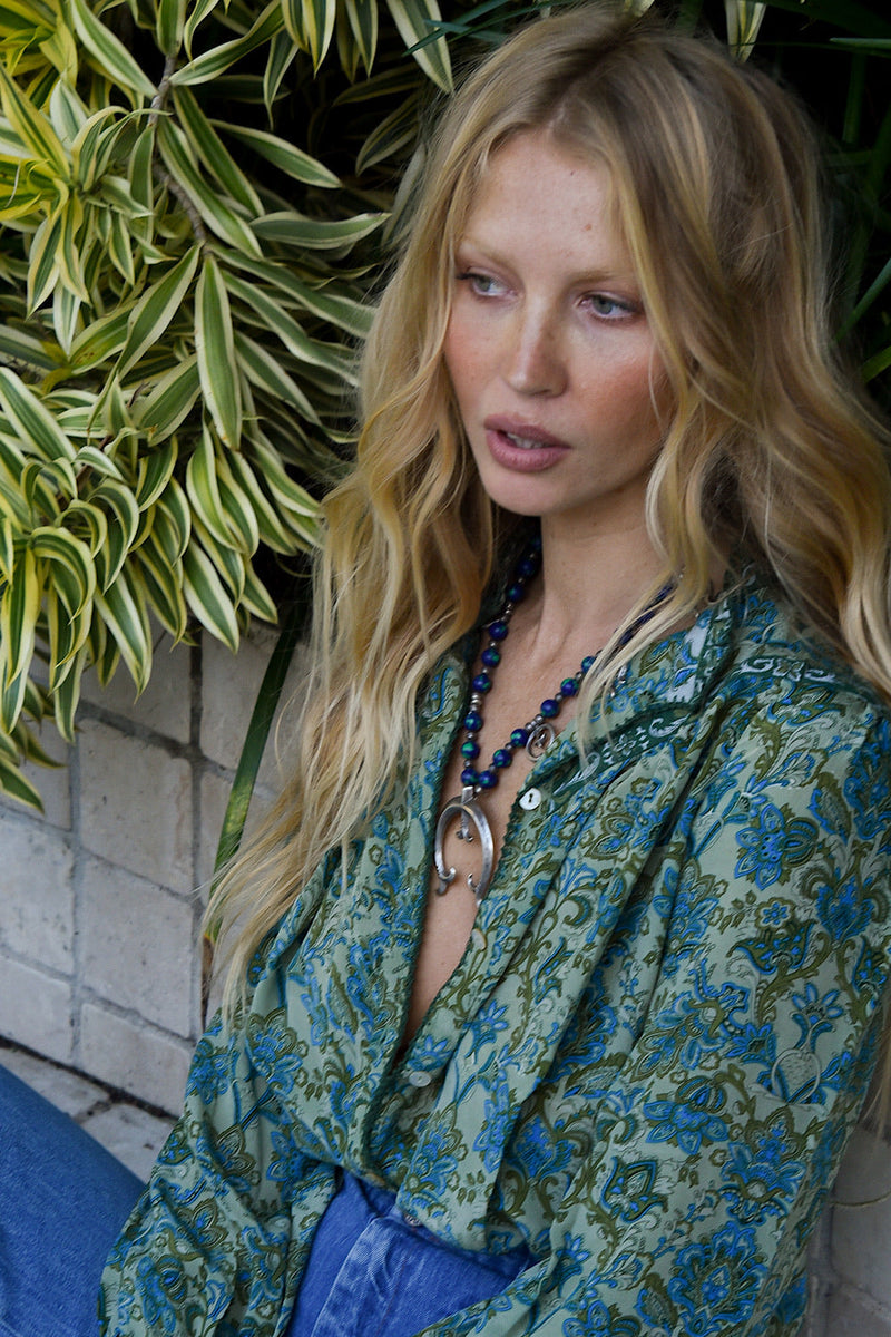 Dark Sweet Lady Silk Crepe Blouse - Teal Tiny Floral - Chasing Unicorns