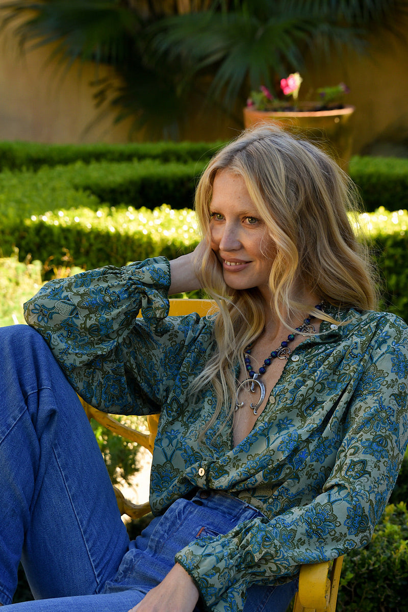 Dark Sweet Lady Silk Crepe Blouse - Teal Tiny Floral - Chasing Unicorns
