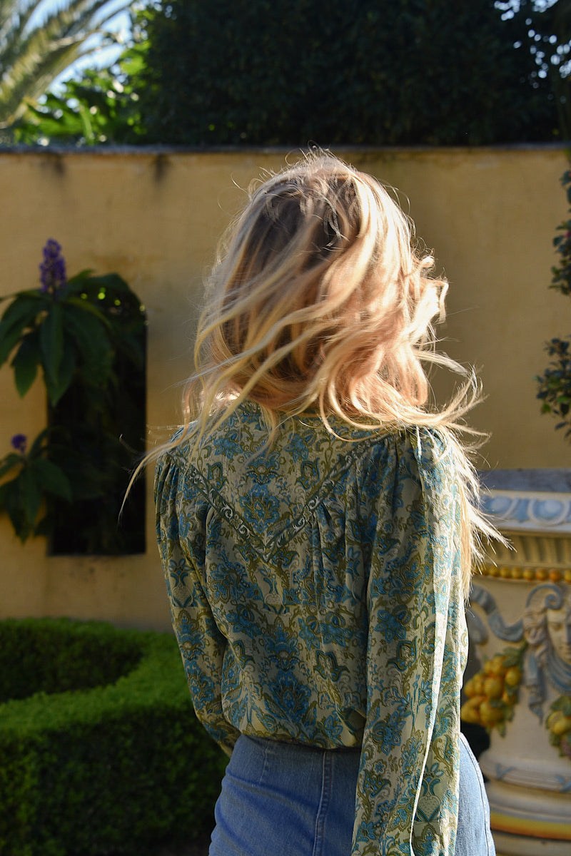 Dark Sweet Lady Silk Crepe Blouse - Teal Tiny Floral - Chasing Unicorns