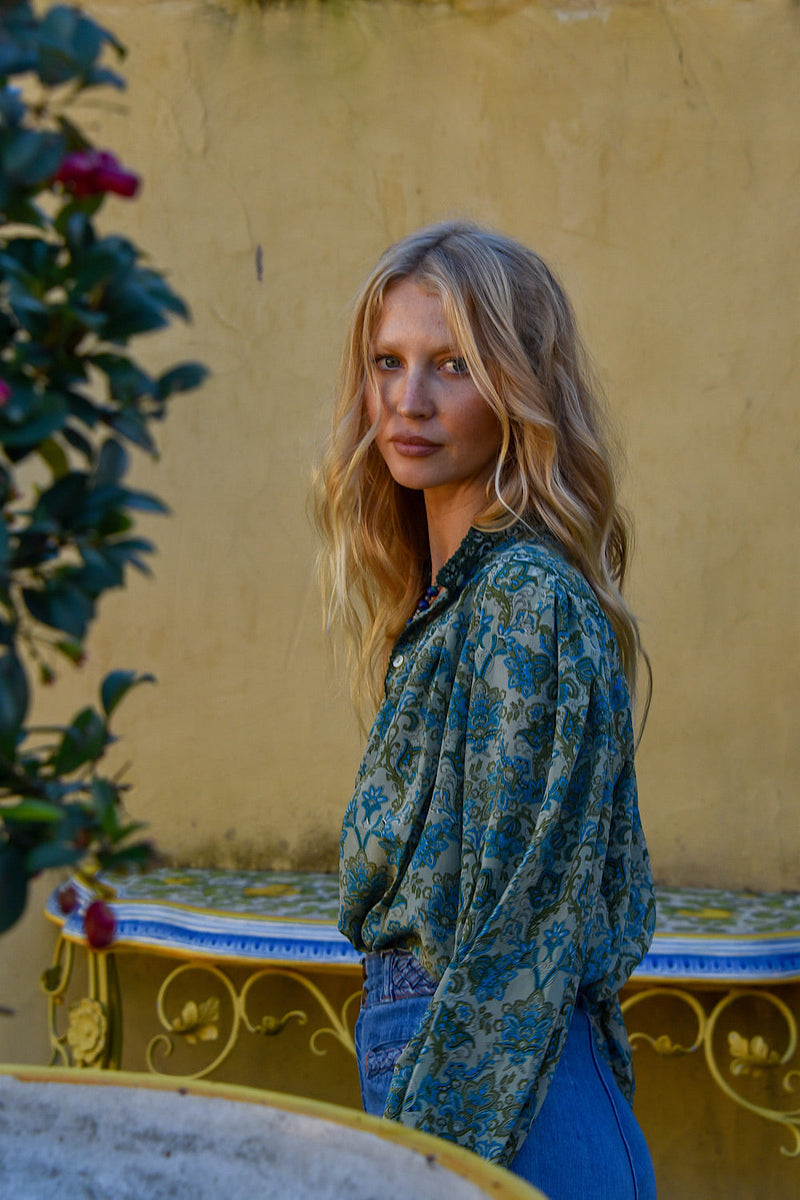 Dark Sweet Lady Silk Crepe Blouse - Teal Tiny Floral - Chasing Unicorns