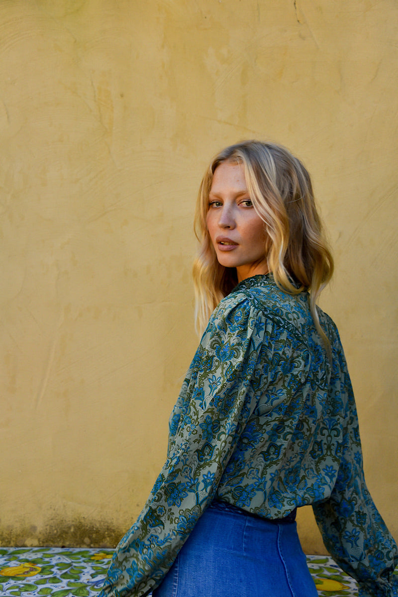 Dark Sweet Lady Silk Crepe Blouse - Teal Tiny Floral - Chasing Unicorns