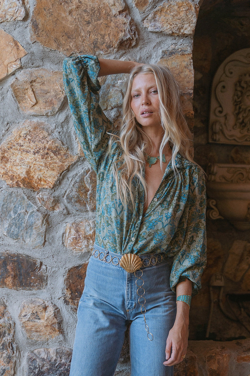 Dark Sweet Lady Silk Crepe Blouse - Teal Tiny Floral - Chasing Unicorns