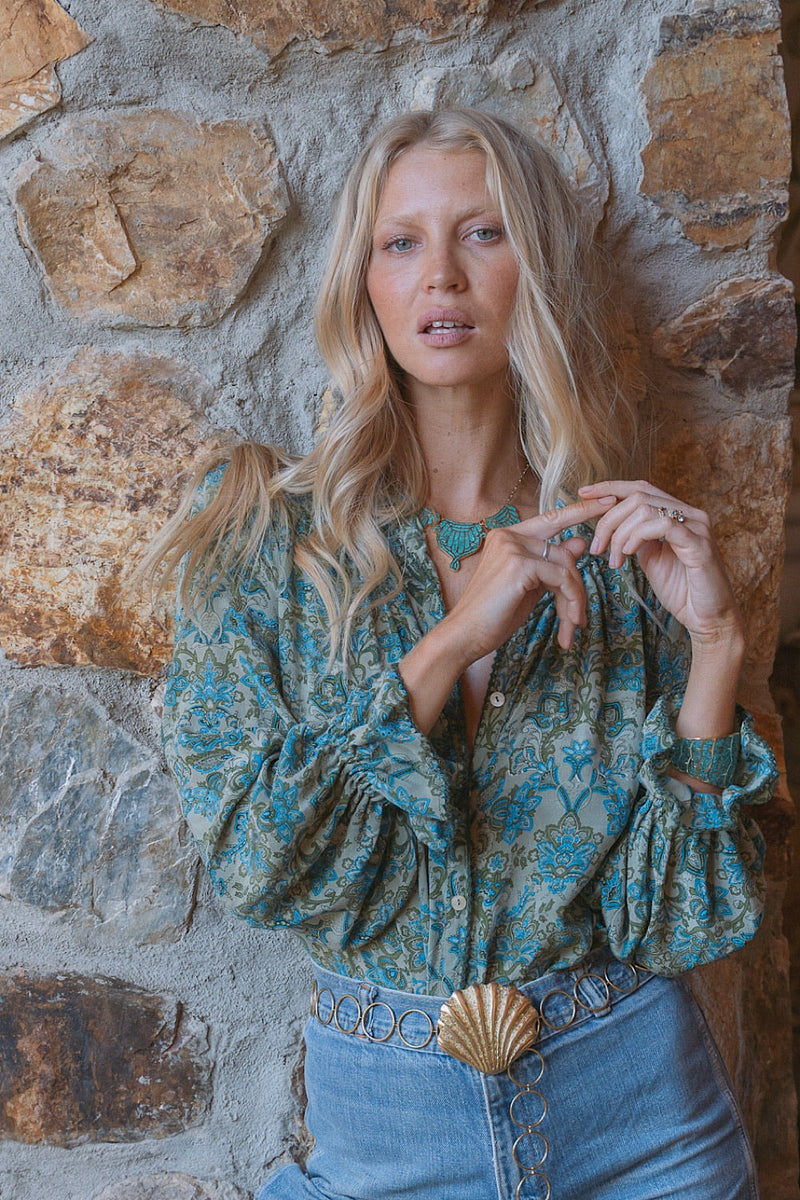 Dark Sweet Lady Silk Crepe Blouse - Teal Tiny Floral - Chasing Unicorns