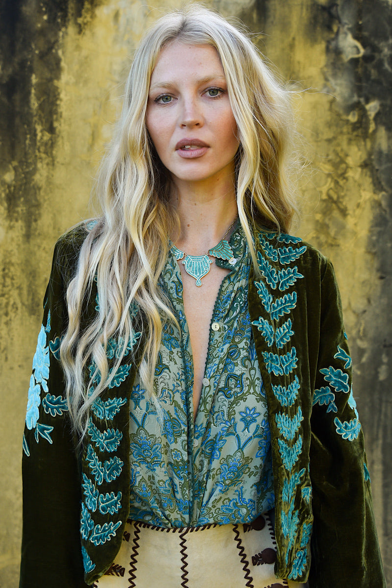 Dark Sweet Lady Silk Crepe Blouse - Teal Tiny Floral - Chasing Unicorns