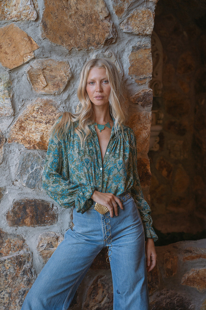 Dark Sweet Lady Silk Crepe Blouse - Teal Tiny Floral - Chasing Unicorns
