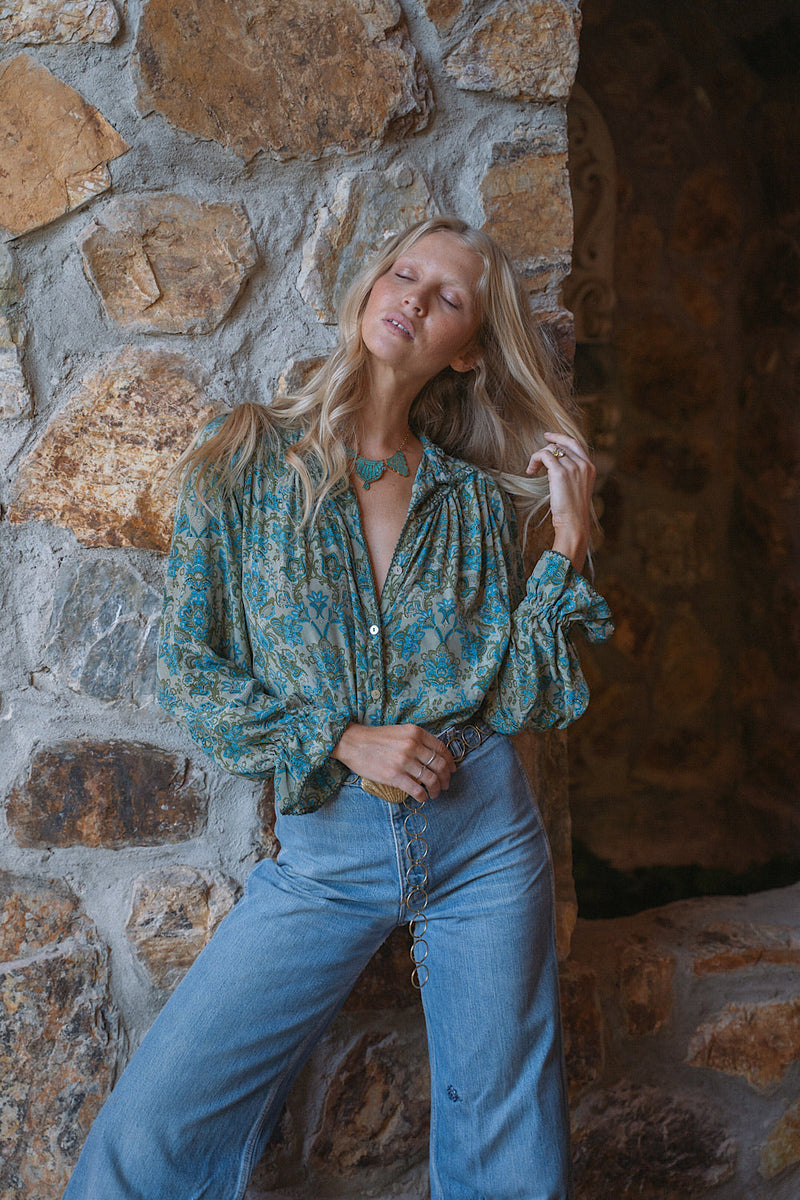 Dark Sweet Lady Silk Crepe Blouse - Teal Tiny Floral - Chasing Unicorns