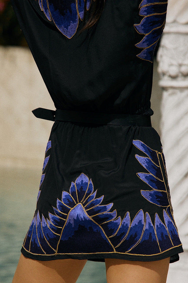 Don’t Leave Me This Way Silk Crepe Embroidered Mini Dress - Chasing Unicorns