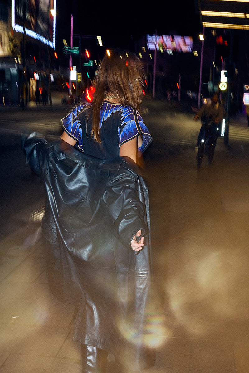 Don’t Leave Me This Way Silk Crepe Embroidered Mini Dress - Chasing Unicorns