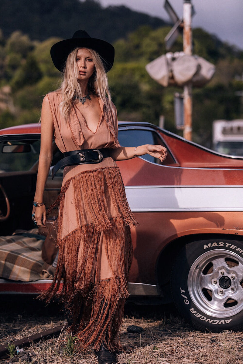 Don’t Look Back Fringe Maxi Dress - Caramel - Chasing Unicorns