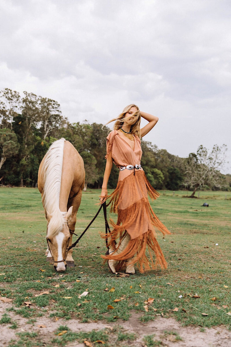 Don’t Look Back Fringe Maxi Dress - Caramel - Chasing Unicorns