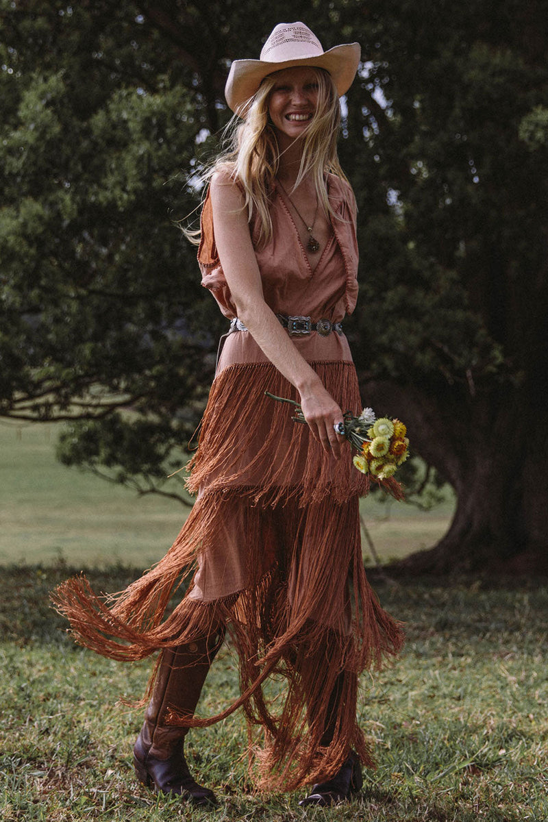 Don’t Look Back Fringe Maxi Dress - Caramel - Chasing Unicorns