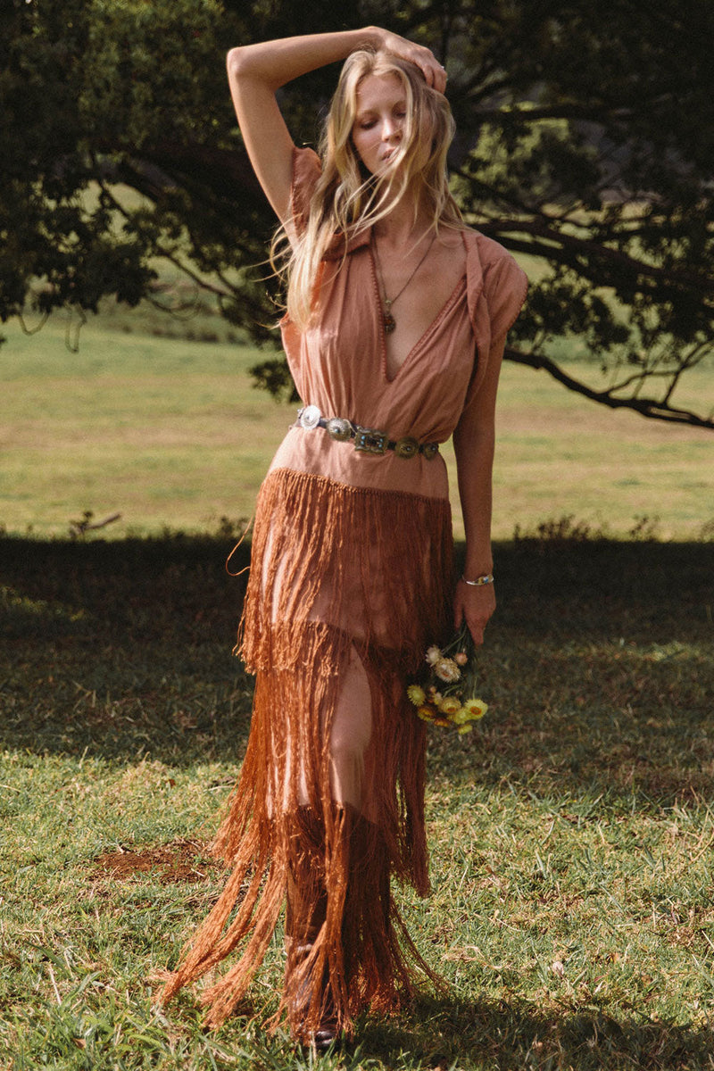 Don’t Look Back Fringe Maxi Dress - Caramel - Chasing Unicorns