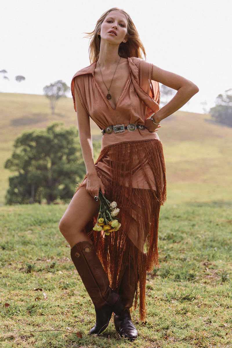 Don’t Look Back Fringe Maxi Dress - Caramel - Chasing Unicorns
