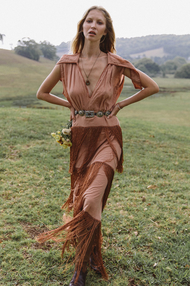 Don’t Look Back Fringe Maxi Dress - Caramel - Chasing Unicorns