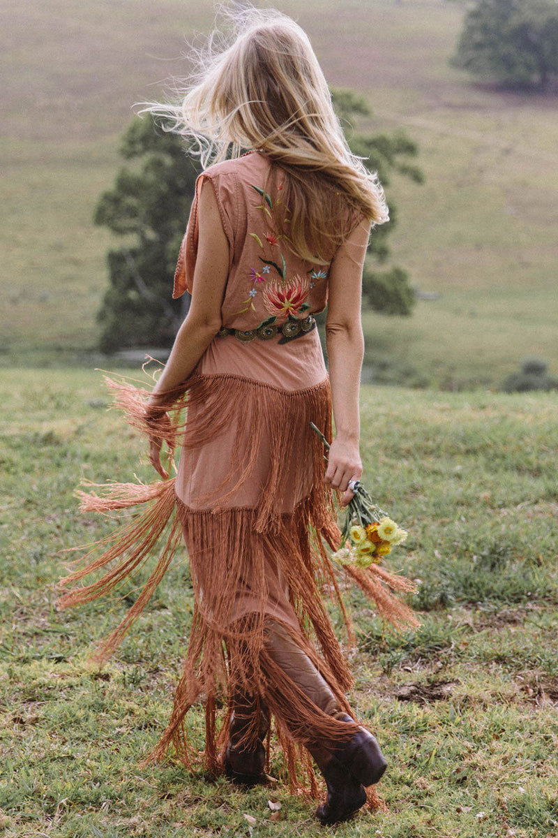Don’t Look Back Fringe Maxi Dress - Caramel - Chasing Unicorns