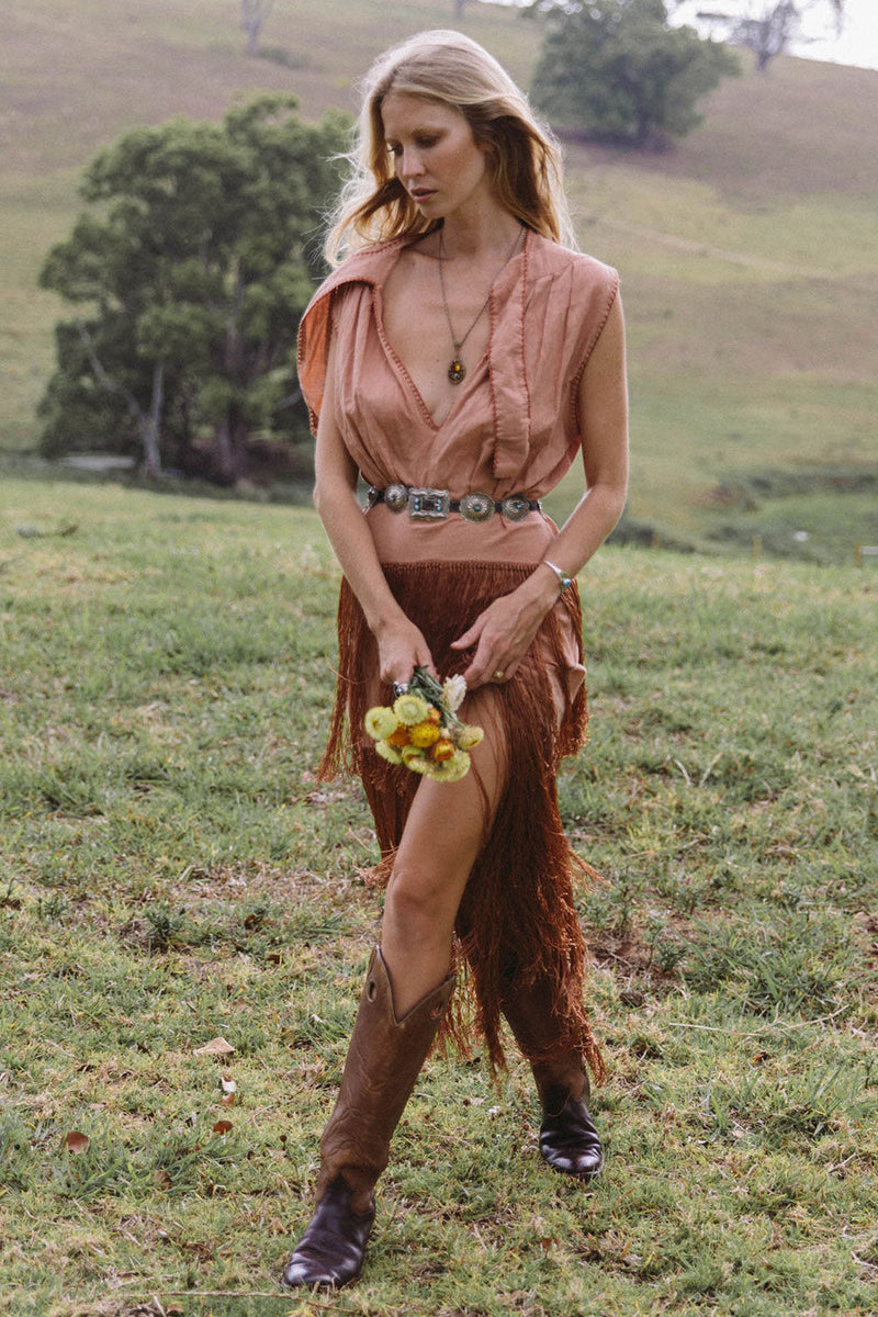 Don’t Look Back Fringe Maxi Dress - Caramel - Chasing Unicorns